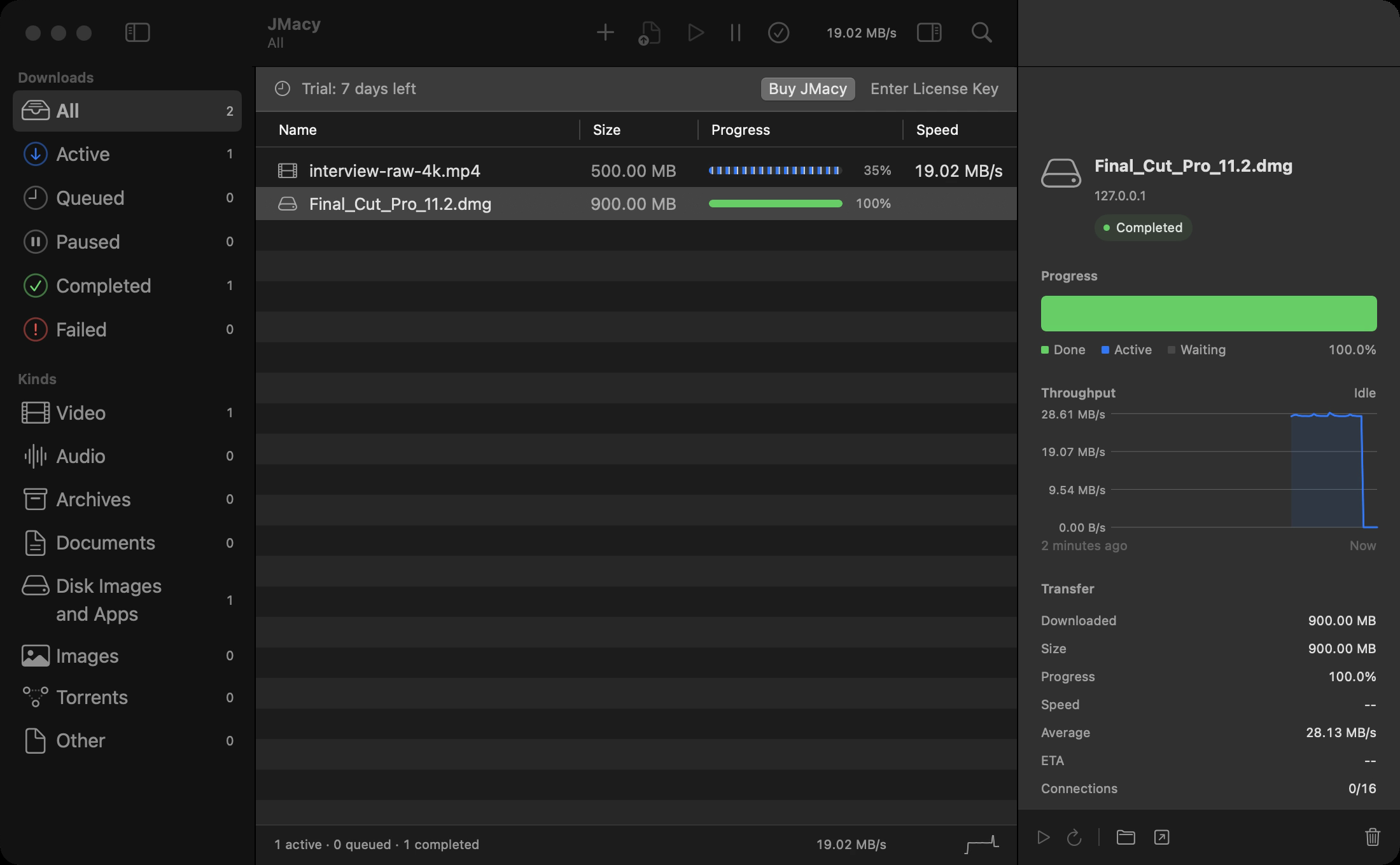 A captured MP4 downloading in JMacy, with its file size, progress, and current speed visible in the downloads list.