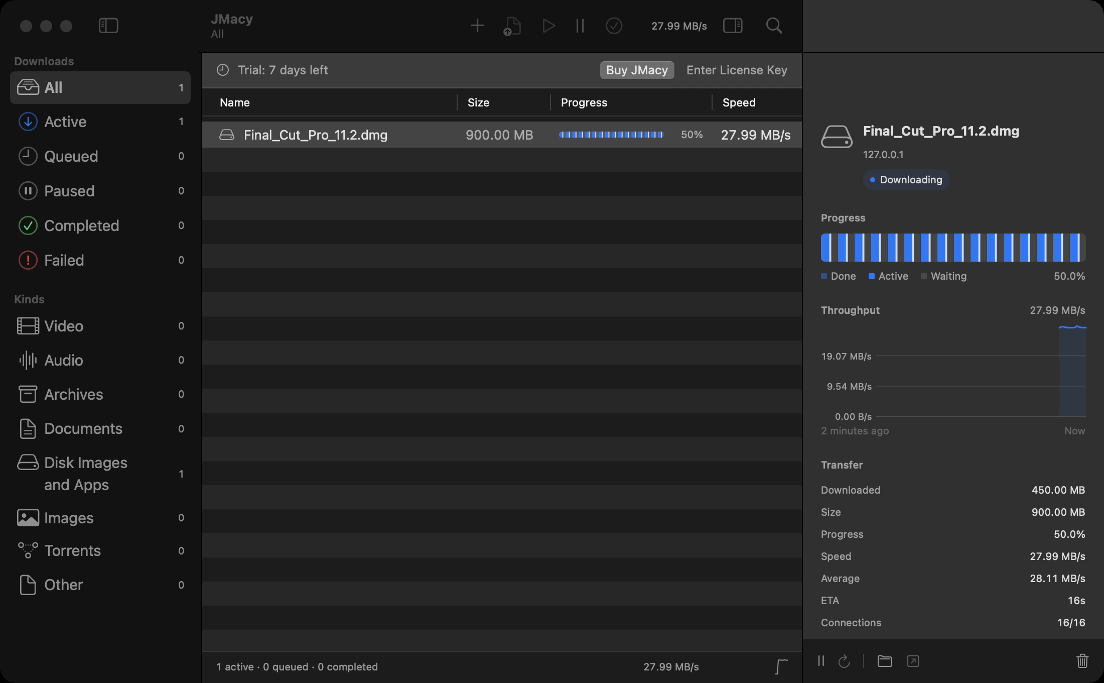 JMacy's download inspector beside the file list, showing segmented progress, throughput, and transfer details for a selected download.