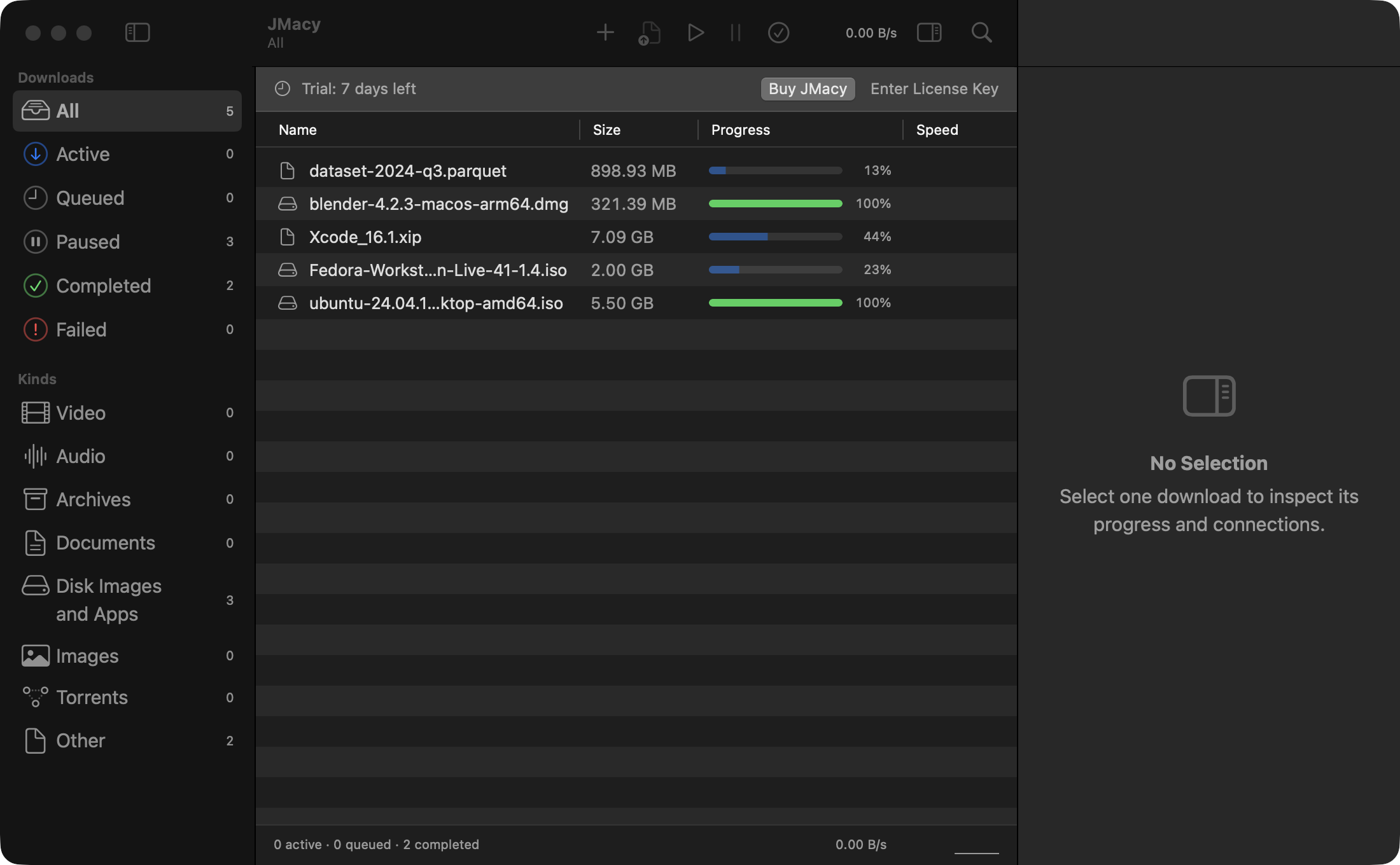 JMacy's main Mac window with a downloads sidebar and a file list showing progress, connections, and paused, completed, and failed downloads.